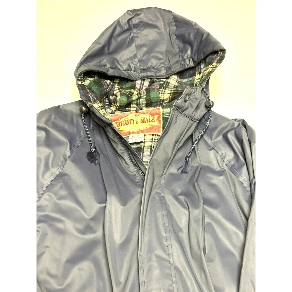 Priority Male Vintage Rain Jacket Mens Size L Quilted Lined Hooded PVC